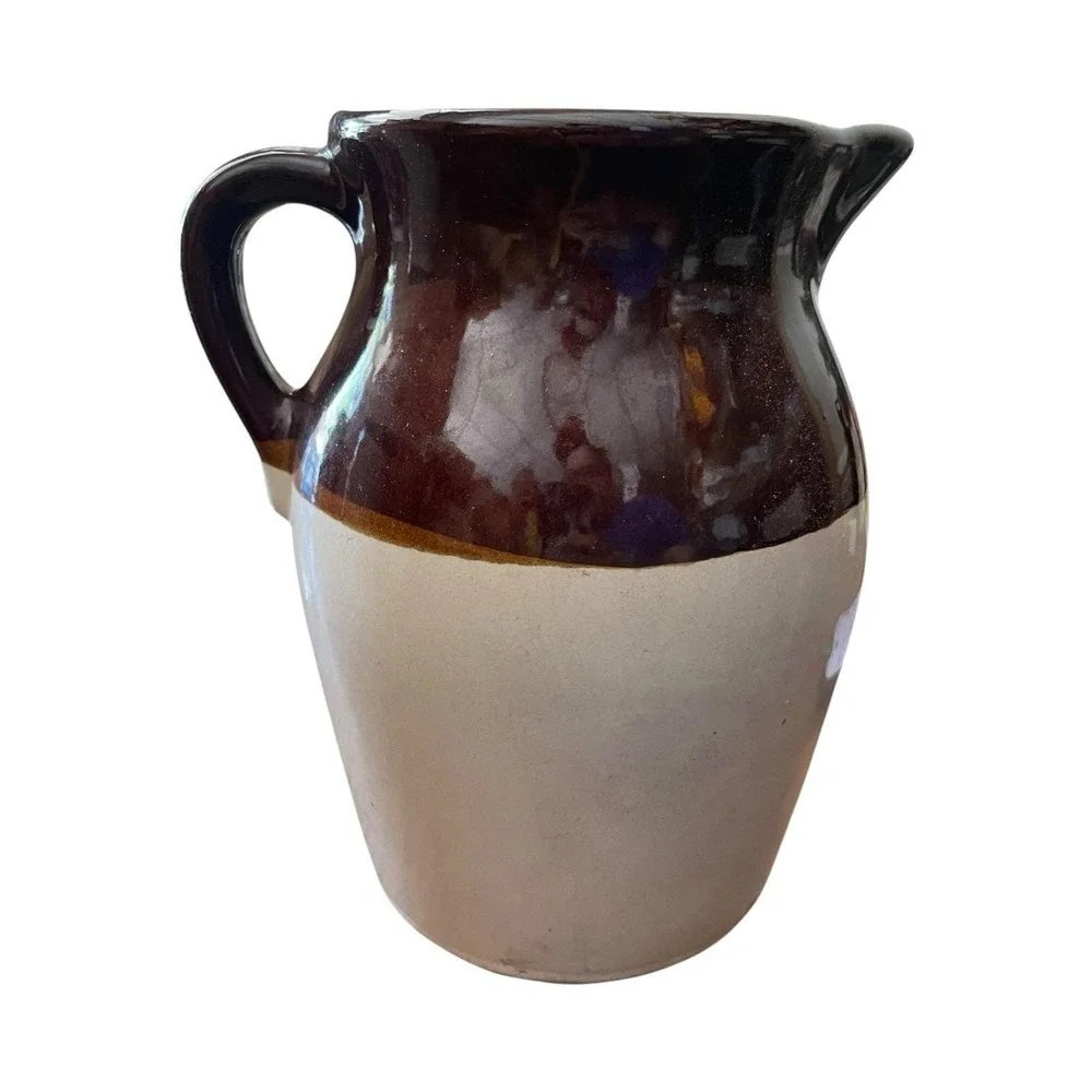 Vintage Stoneware Pitcher Two-Tone Brown Albany Glaze USA Marked‎ 8